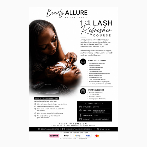 A promotional flyer for the Beauty Allure Aesthetics 1:1 Lash Refresher Course, featuring a photo of a lash technician applying lashes to a client on the left, course details on the right, and payment logos at the bottom.