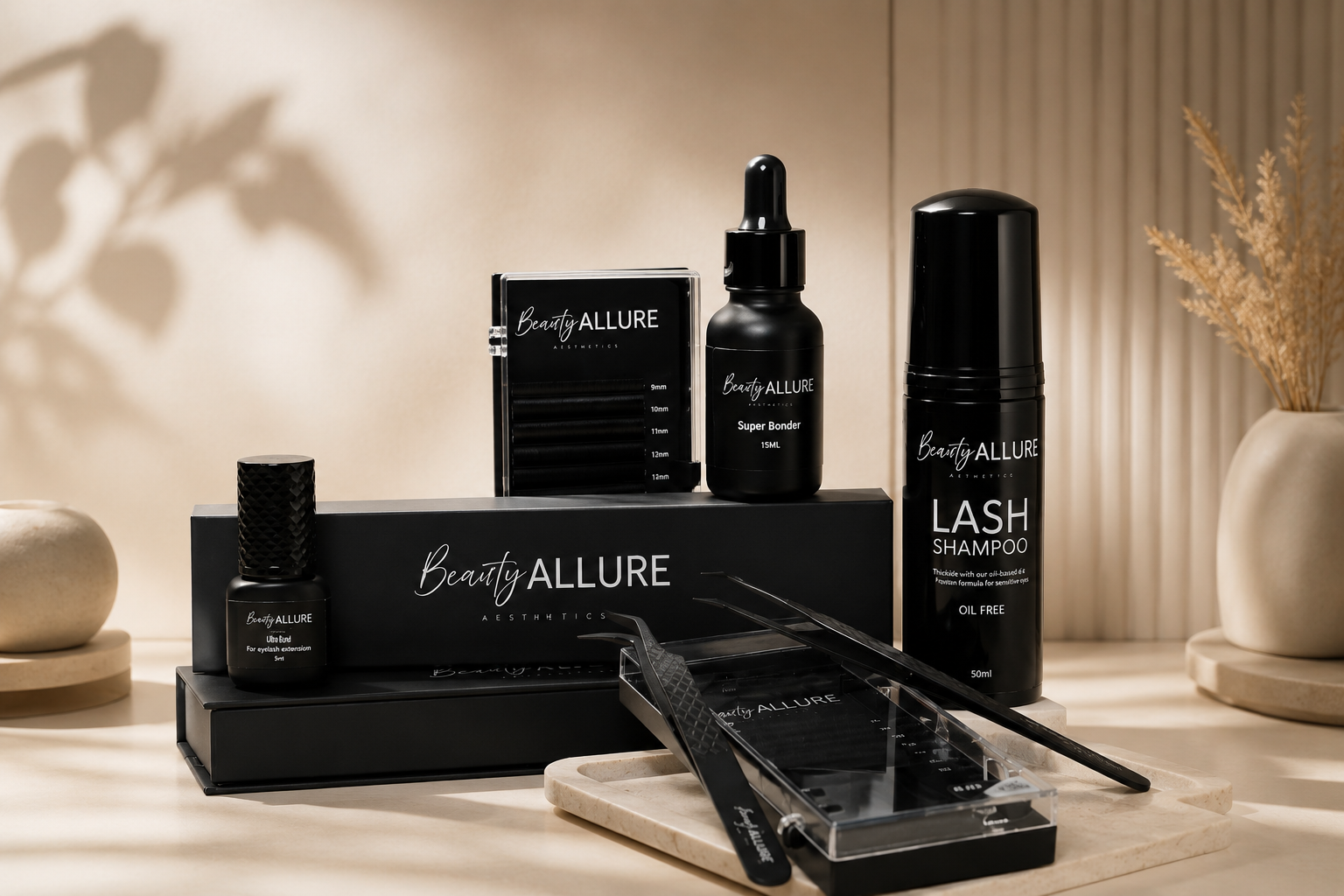 Beauty ALLURE lash and brow beauty kit arranged on a beige surface with warm shadow lighting. The set includes black lash shampoo, black brow serum, black eyeliner, black mascara, and black lash extensions with applicators, displayed with branded black boxes.