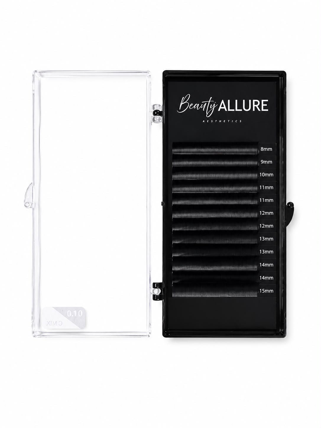 Beauty Allure 0.07 C Mix eyelash extensions in a clear plastic case with a black insert showing different lash lengths from 8mm to 15mm.