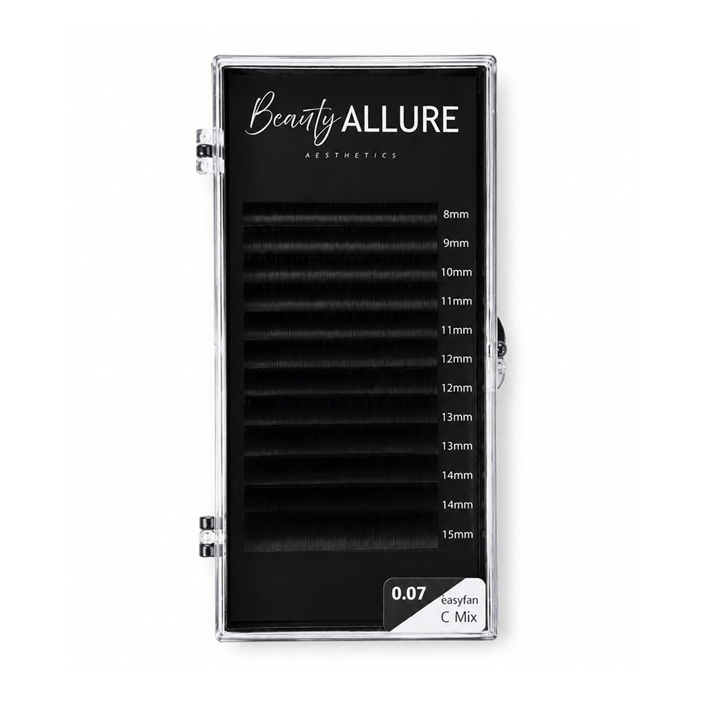 Beauty Allure 0.07 C Mix eyelash extensions in a clear plastic case with a black insert showing different lash lengths from 8mm to 15mm.