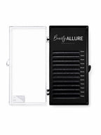 Beauty ALLURE lash extension tray containing black lashes in different lengths (5mm to 7mm) with a 0.10 J mix, shown in a clear plastic case with a black insert and white branding.