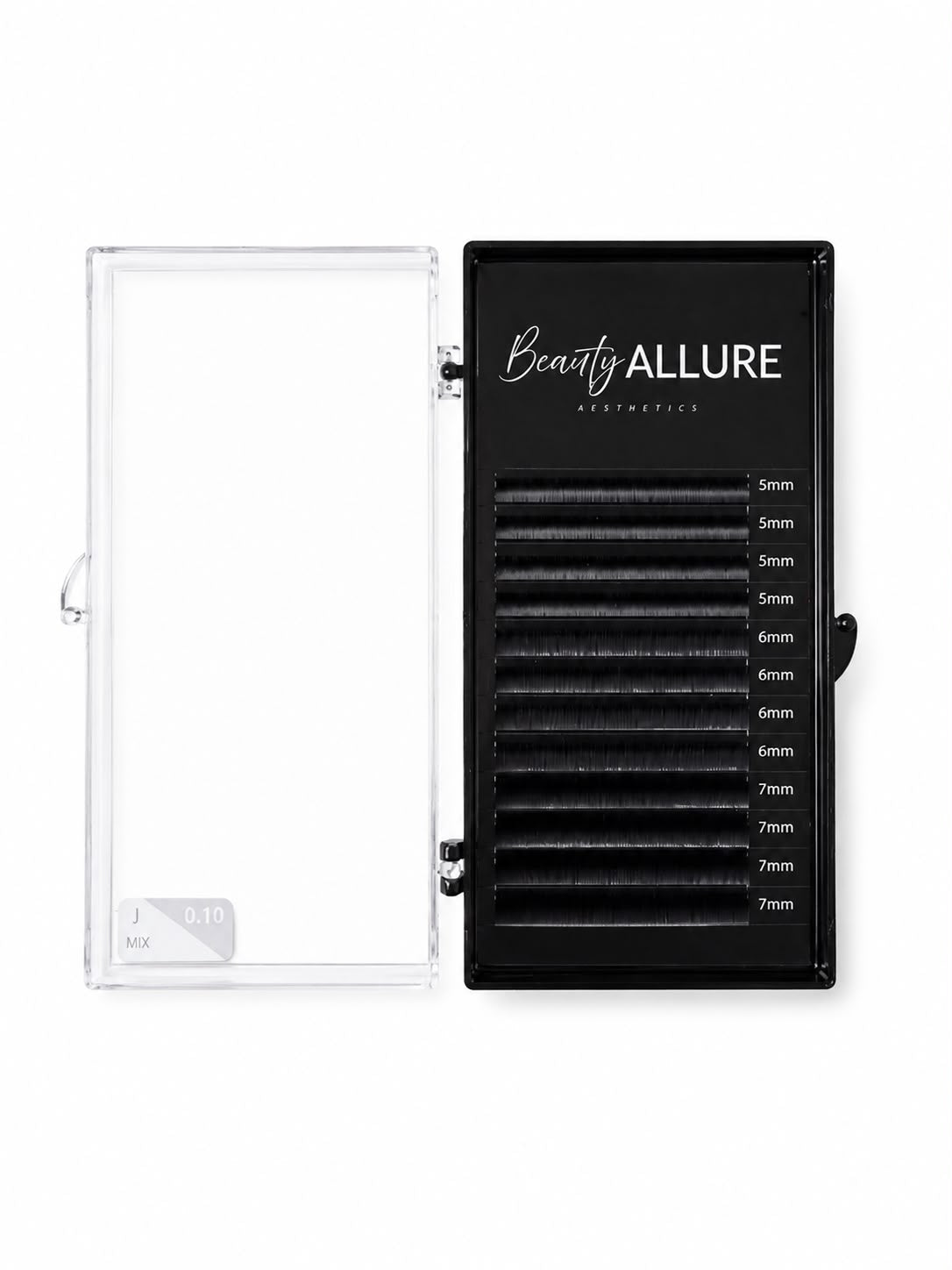 Beauty ALLURE lash extension tray containing black lashes in different lengths (5mm to 7mm) with a 0.10 J mix, shown in a clear plastic case with a black insert and white branding.