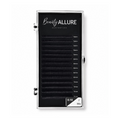 Beauty ALLURE lash extension tray containing black lashes in different lengths (5mm to 7mm) with a 0.10 J mix, shown in a clear plastic case with a black insert and white branding.