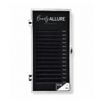 Beauty ALLURE lash extension tray containing black lashes in different lengths (5mm to 7mm) with a 0.10 J mix, shown in a clear plastic case with a black insert and white branding.