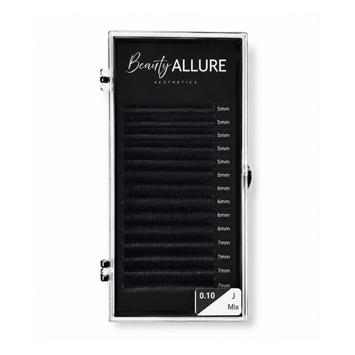 Beauty ALLURE lash extension tray containing black lashes in different lengths (5mm to 7mm) with a 0.10 J mix, shown in a clear plastic case with a black insert and white branding.