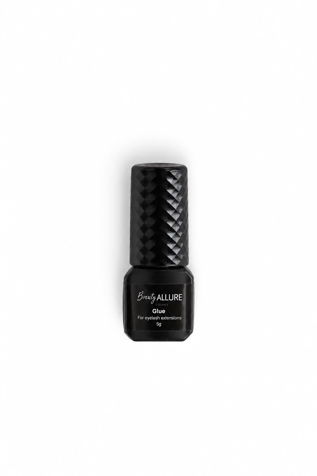 Beauty Allure lash adhesive set featuring a black rectangular box and a matching black cap with a textured grip, displayed on a clean white background.