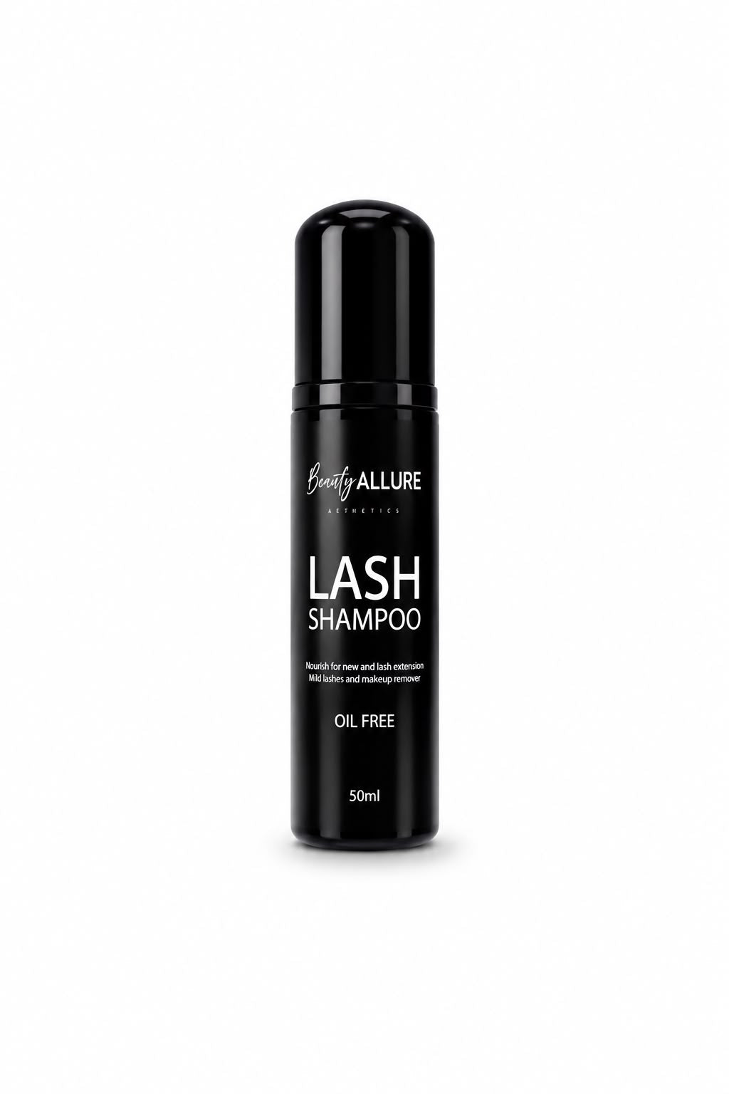 Beauty Allure Lash Shampoo 50ml bottle and its black packaging box, displayed side-by-side on a clean white background.