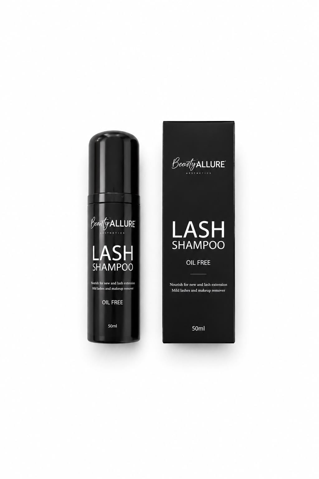 Beauty Allure Lash Shampoo 50ml bottle and its black packaging box, displayed side-by-side on a clean white background.